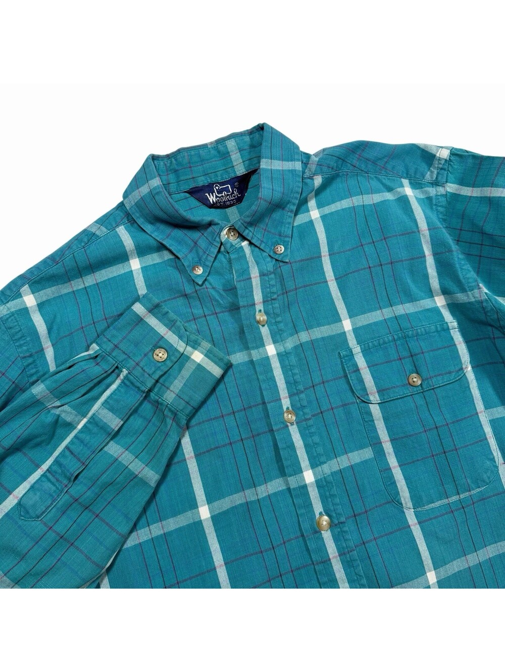 Woolrich Vintage Teal Men’s Plaid Button Down Long Sleeve Shirt Size Large